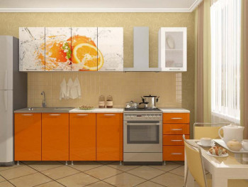 Кухонный гарнитур 1,6м Апельсин (Белый/Оранжевый металлик/Фотопечать апельсин) в Утянке - utyanka.mebel54.com | фото